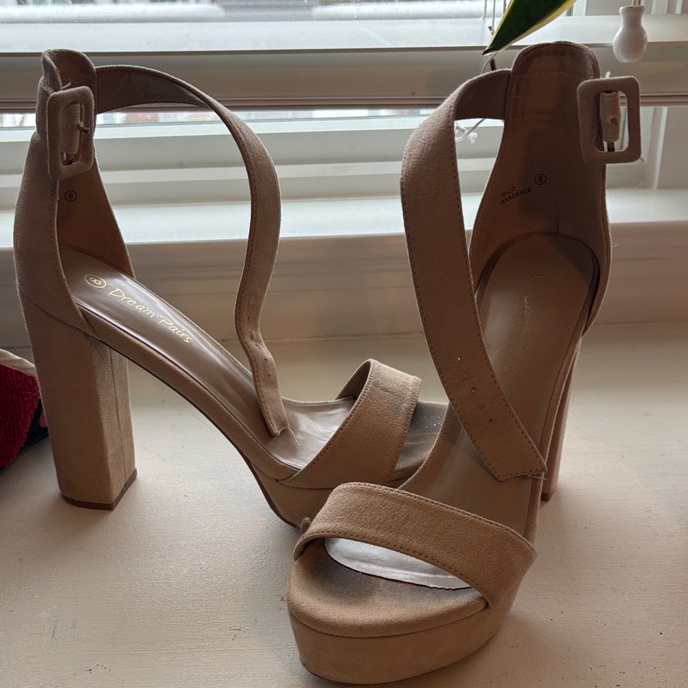 Nude Strappy Platform Block Heels